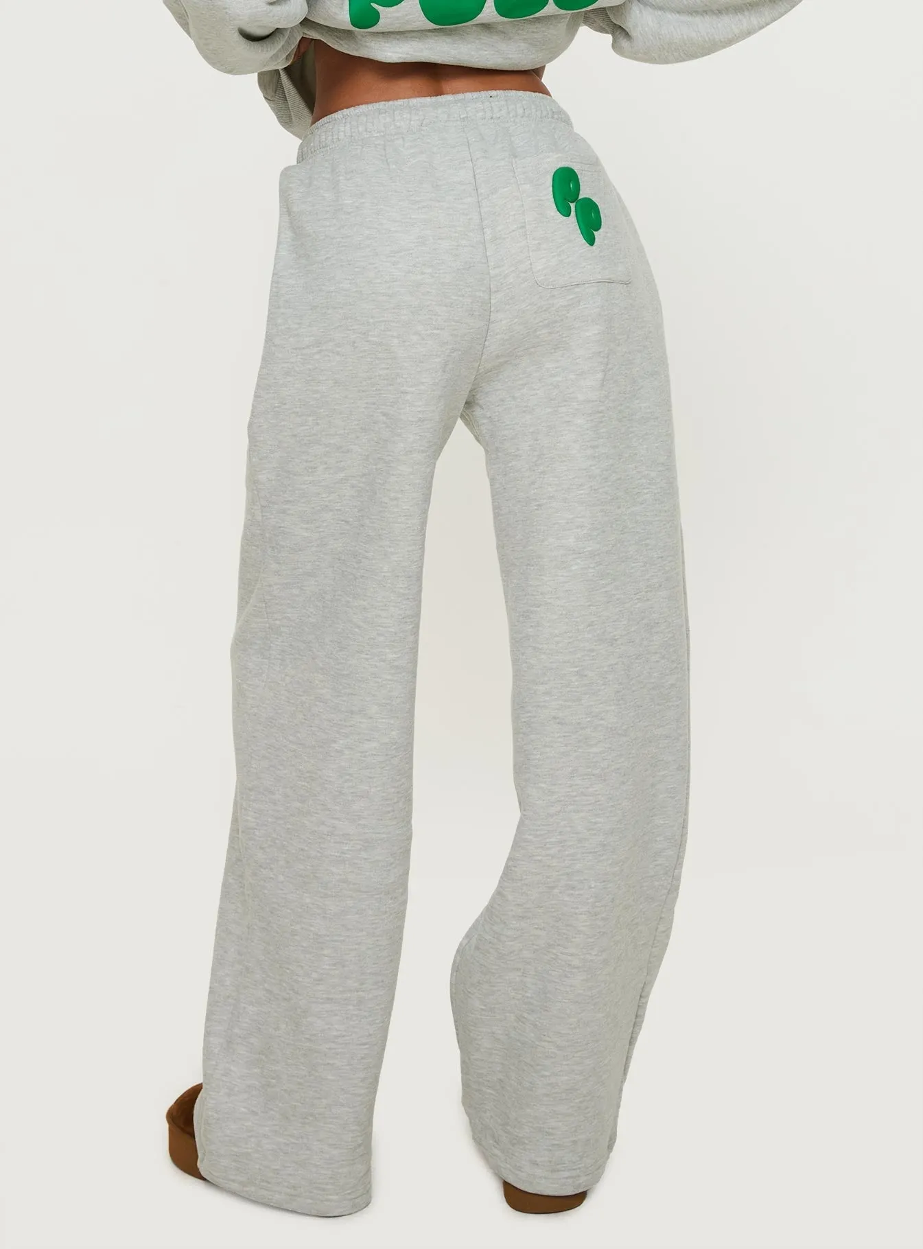 Full Comfort Rugged Wear Princess Polly Wide Leg Track Pant Bubble Text Grey Marle / Green