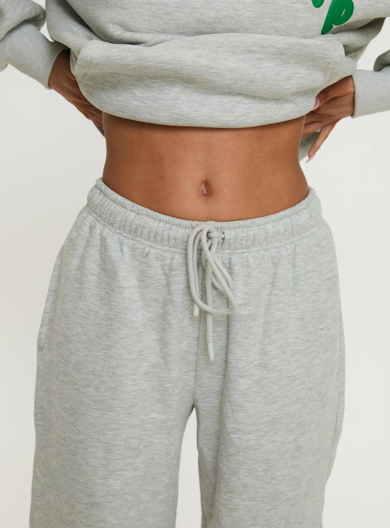 Stretchable Ergonomic Cut Princess Polly Wide Leg Track Pant Bubble Text Grey Marle / Green