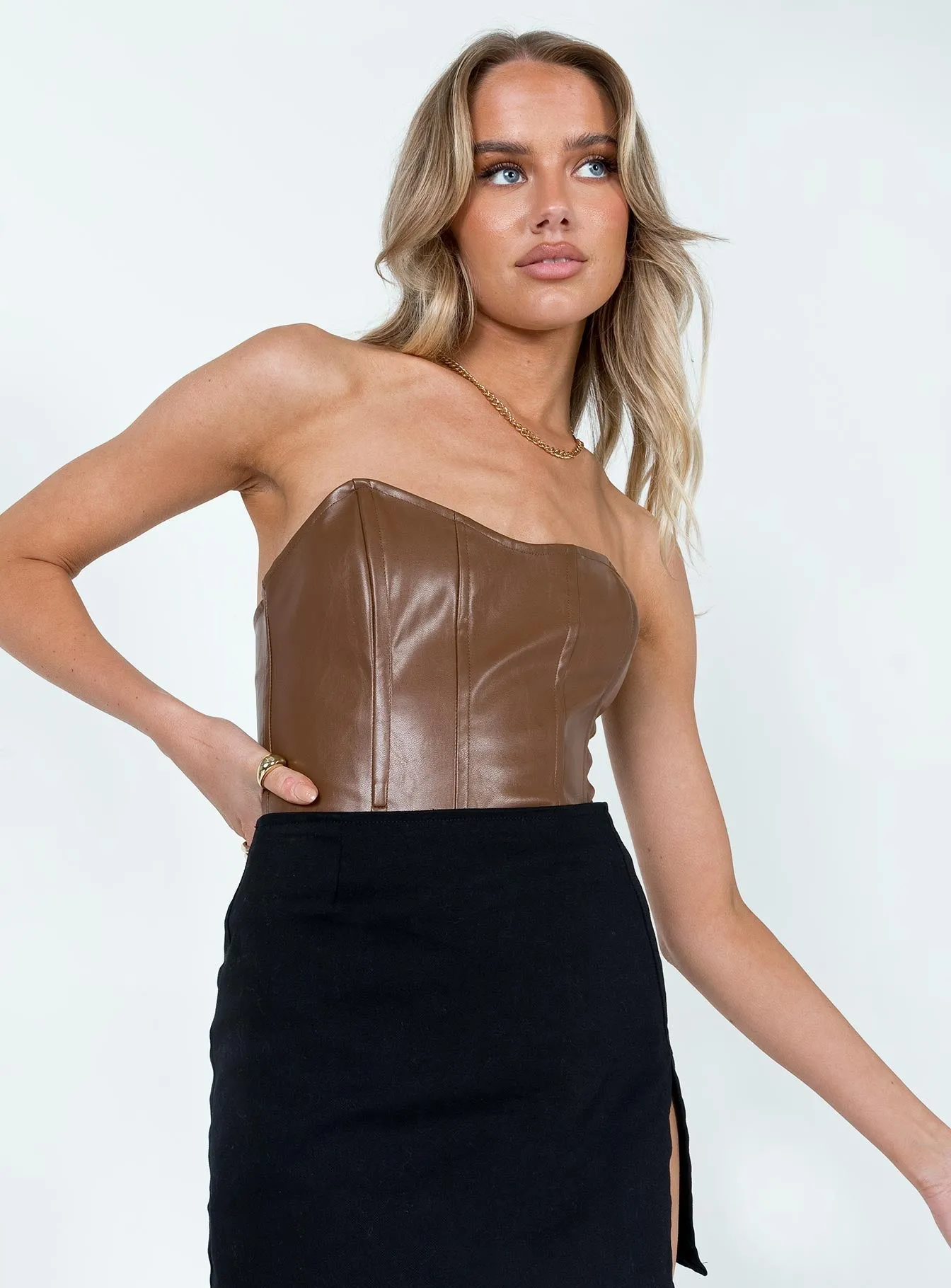 Jessica PU Bodysuit Brown minimal bodysuit romantic bodysuit