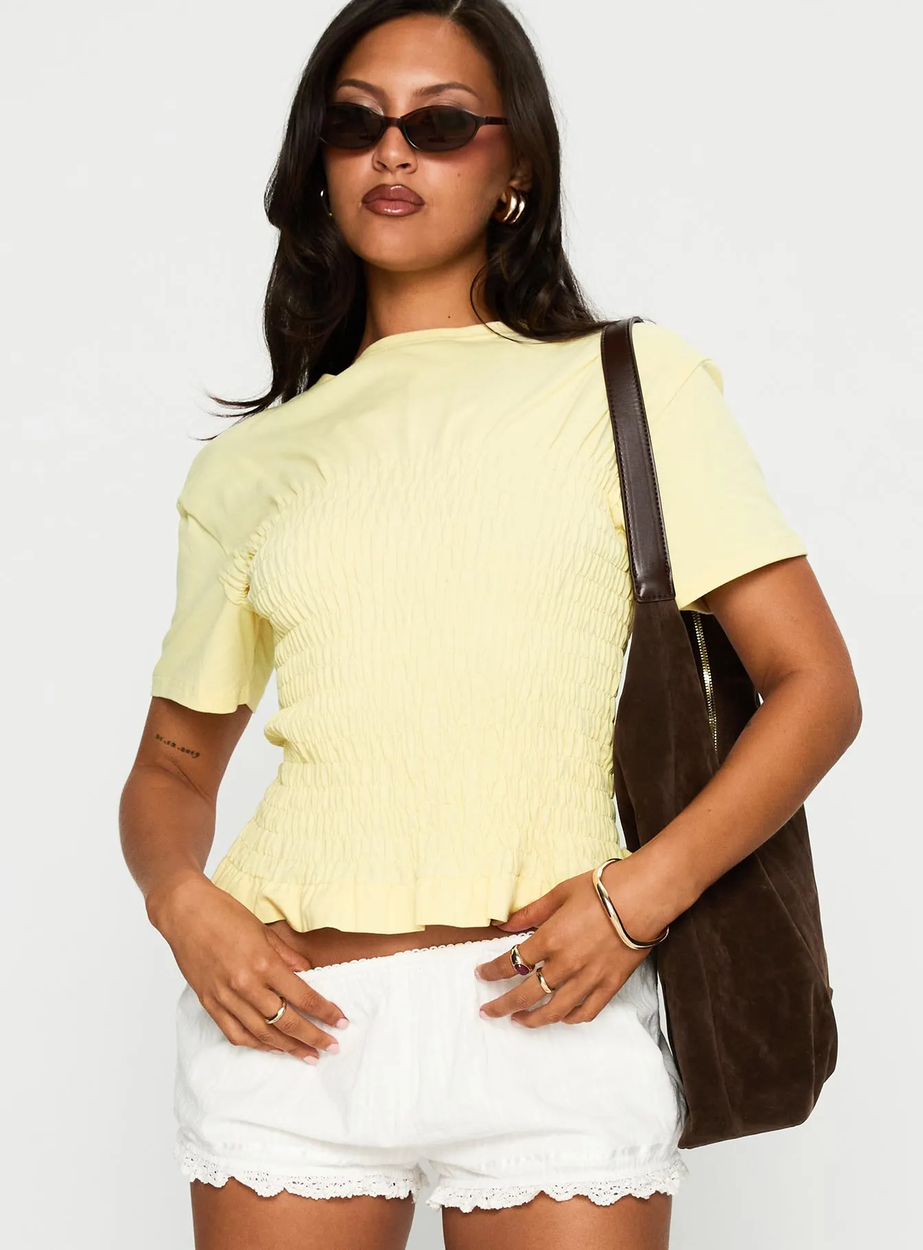 Layering Wear Casual Comfort Fit Maybe Tomorrow Ruched Top Lemon