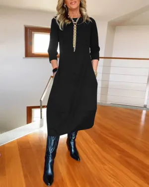Breathable fabric Autumn And Winter New All-matching Solid Color Loose Round-neck Long-sleeved Dress Women