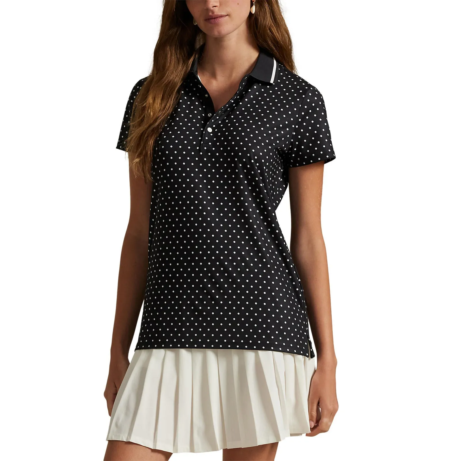RLX Ralph Lauren Women's Printed Lightweight Airflow Golf Shirt - Polo Black Polka Dot Seasonal Style Lightweight Fabric