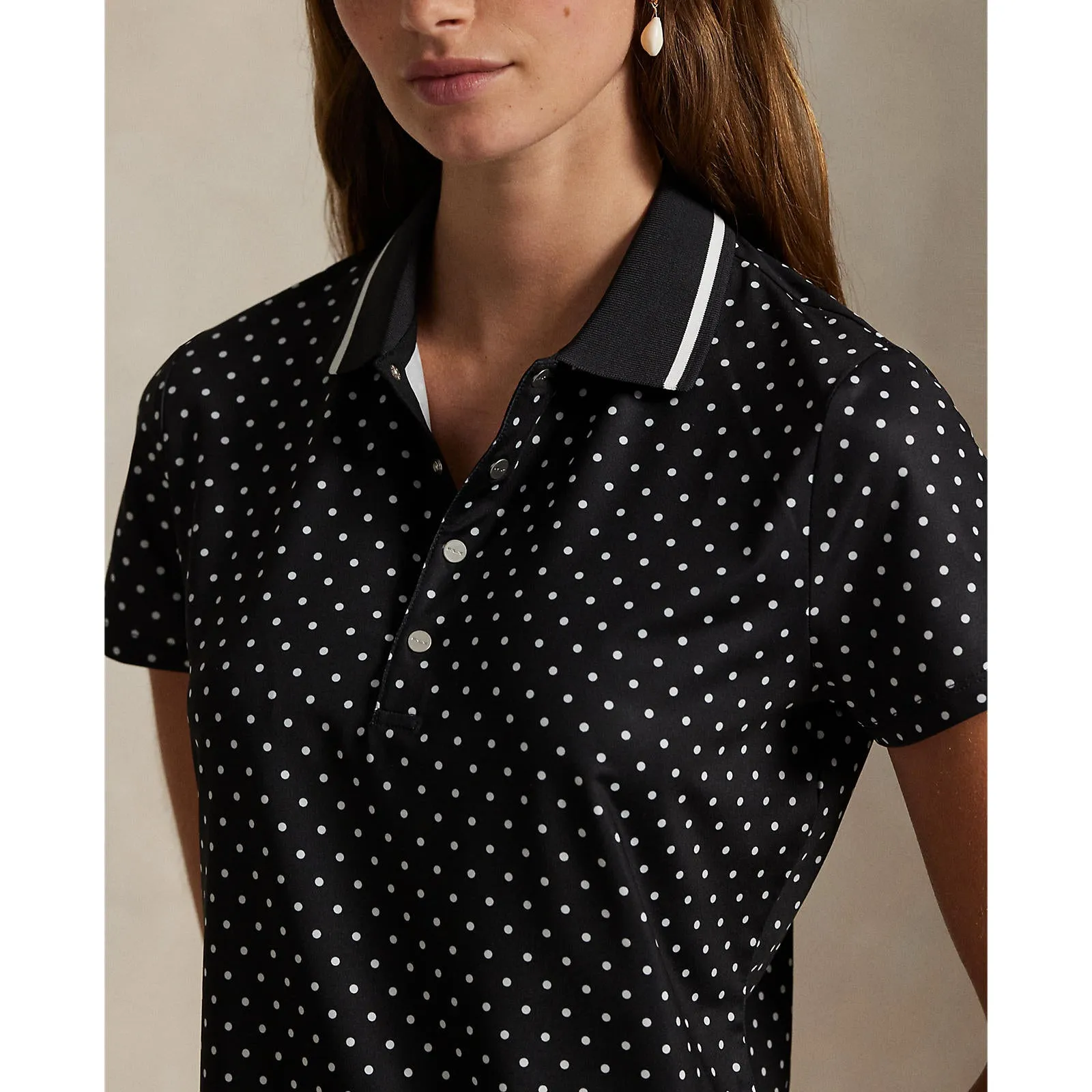 RLX Ralph Lauren Women's Printed Lightweight Airflow Golf Shirt - Polo Black Polka Dot Polish Tone