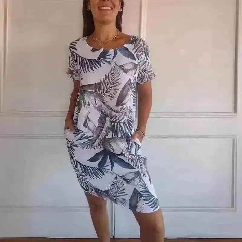 Vibrant Colors Casual Floral Printed Straight Dress Summer Loose Round Neck Short Sleeve Midi Dresses Womens Clothing