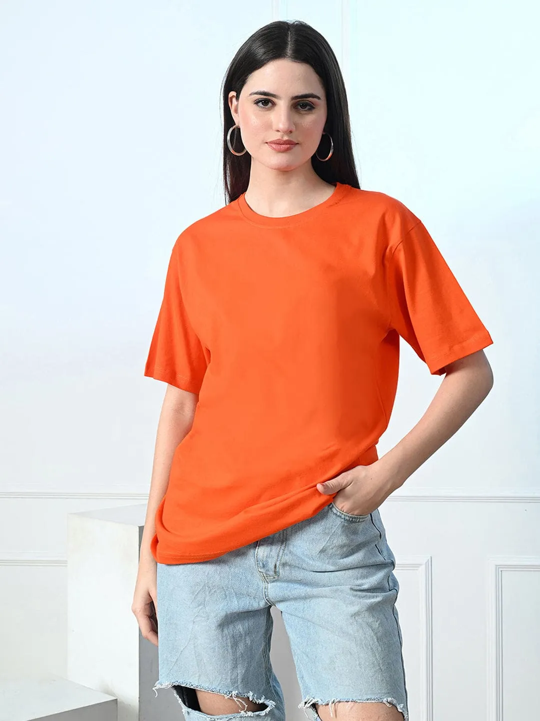 Relaxed Torso Fit Versatile Outfit Timeless 100% Cotton Solid T-shirt - Orange