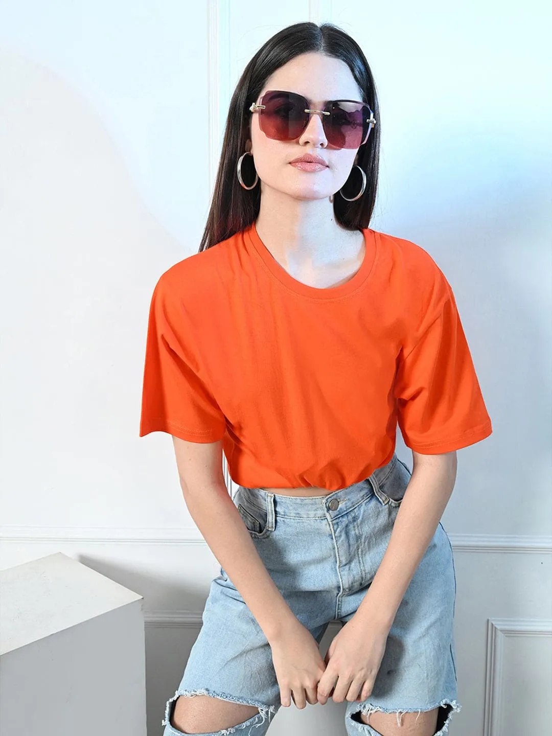Sporty Chic Timeless 100% Cotton Solid T-shirt - Orange