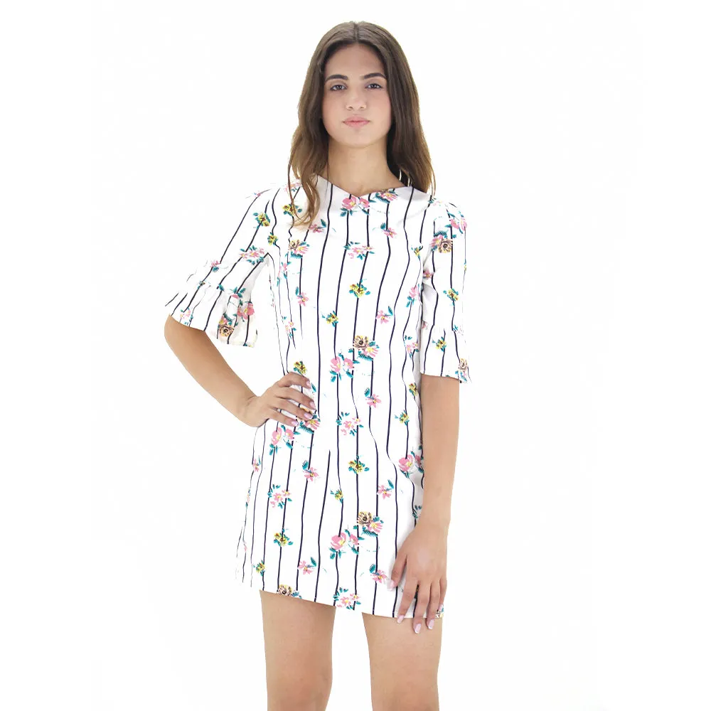 Statement-Piece Women's Frill Sleeve Strip Floral Dress,White