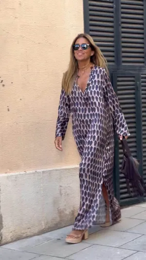 Clean Outline Summer Geometric Printed V-neck Long Dress Fashion Long Sleeve Slit Dresses For Women