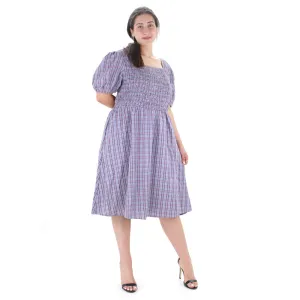 Women's Checked Puff Sleeve Dress,Grey Noble Glow Layered Volume