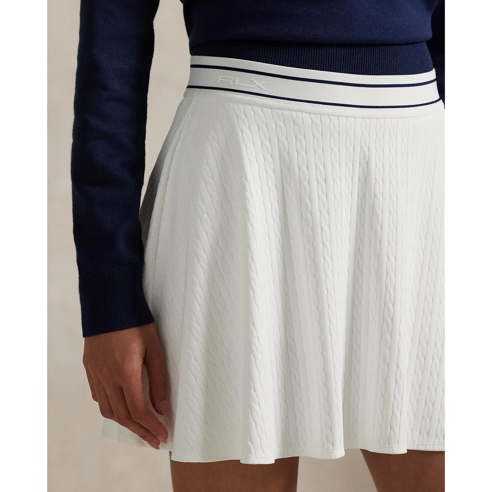 RLX Ralph Lauren Women's Active Cable Knit A-Line Golf Skort - Ceramic White/Refined Navy Multi Wrap Front