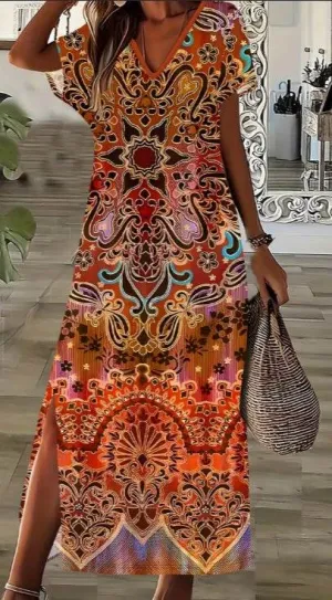 Stream Cut Softly Structured Spring Summer Boho-Chic Plus Size Floral Print Dress Side Slit maxi dress