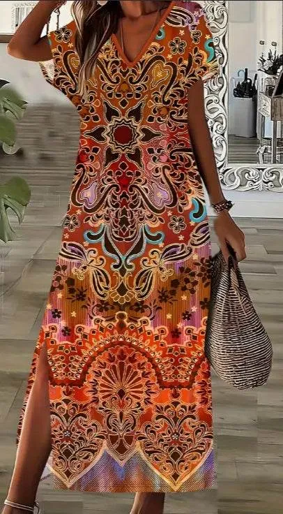 Spring Summer Boho-Chic Plus Size Floral Print Dress Side Slit maxi dress Form Flow