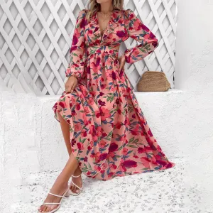 Fashion Florals Print Long Sleeve Dress Casual Holiday Tight-waisted V-neck Dresses Women Clothing perfect for events Day Magic