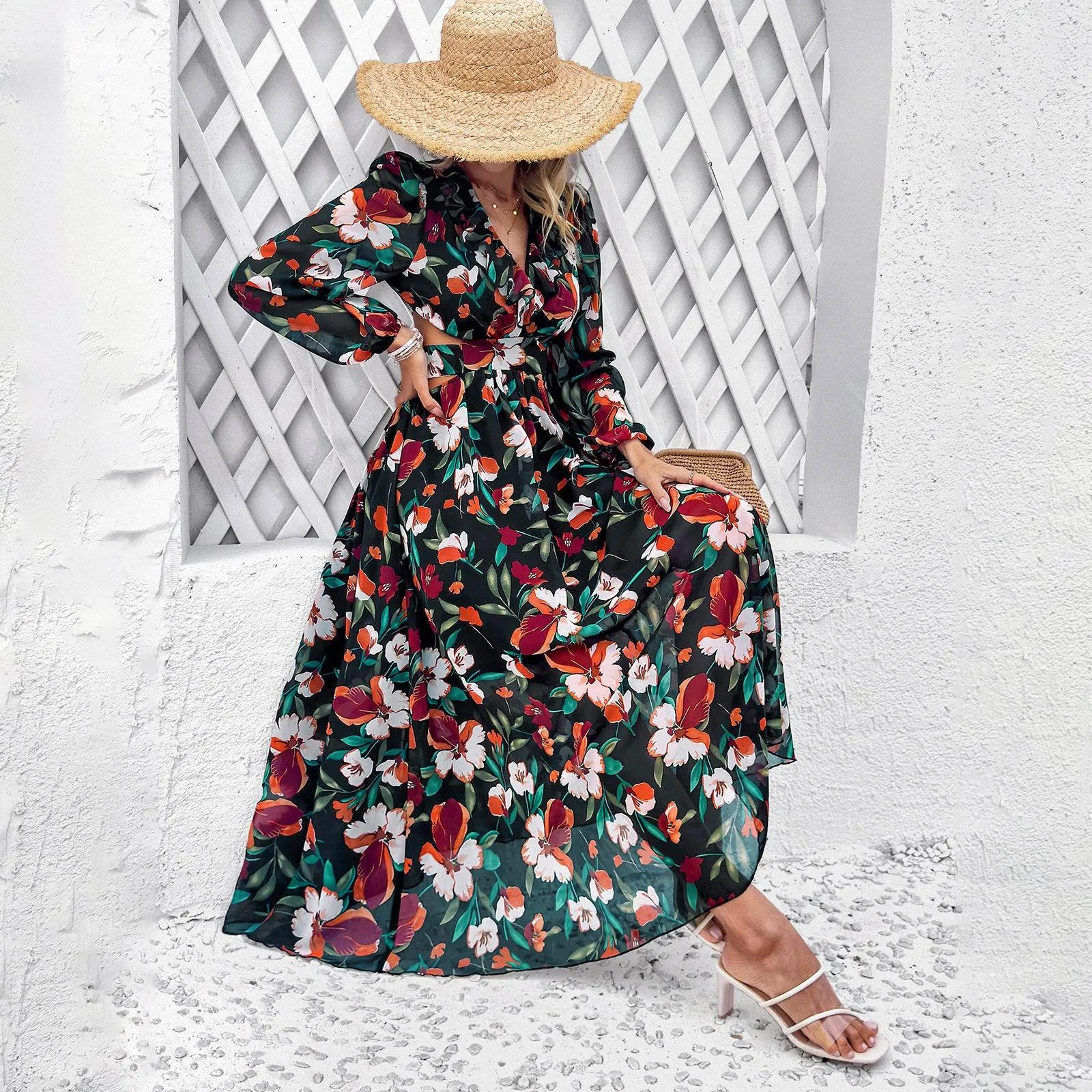 Essential Style Fashion Florals Print Long Sleeve Dress Casual Holiday Tight-waisted V-neck Dresses Women Clothing