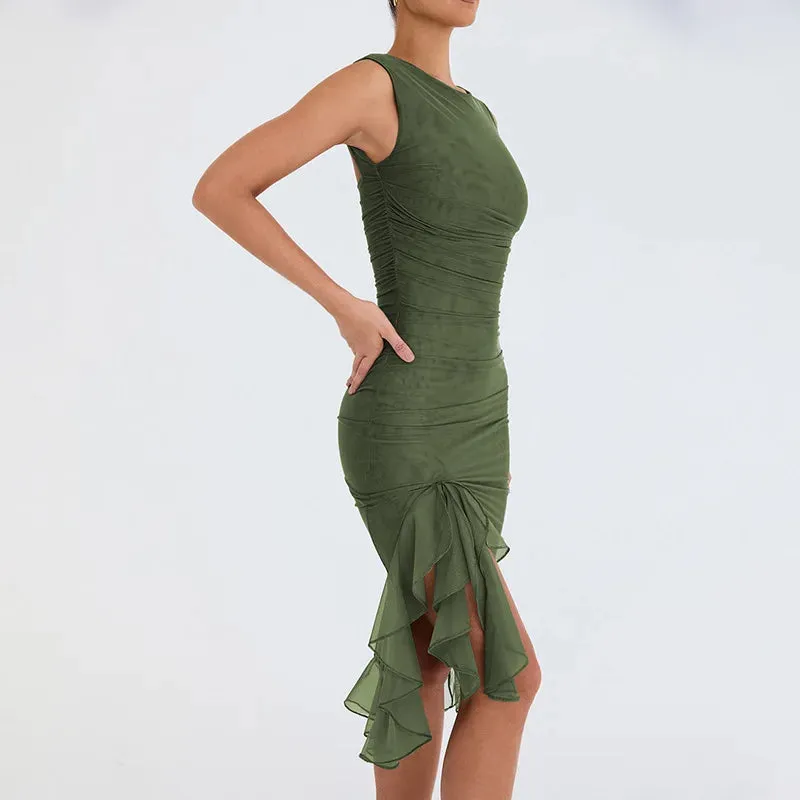 Summer New Women's One Shoulder Sexy Hollow Out High Split Wrap Hip Dress Calm Energy Soft Finish