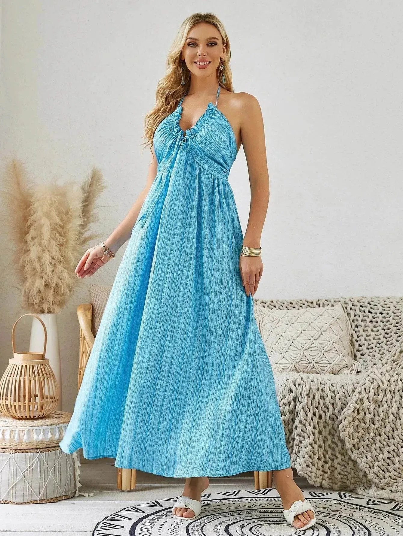 Layered Style Minimalist-Style Bohemian Halter Maxi Dress - Women's Summer Sleeveless Flowy Beach Dress