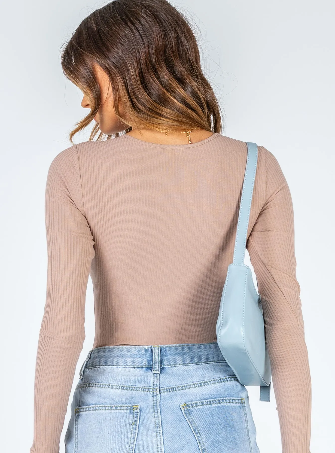 low back bodysuit figure hugging bodysuit Moving Mountains Long Sleeve Bodysuit Brown