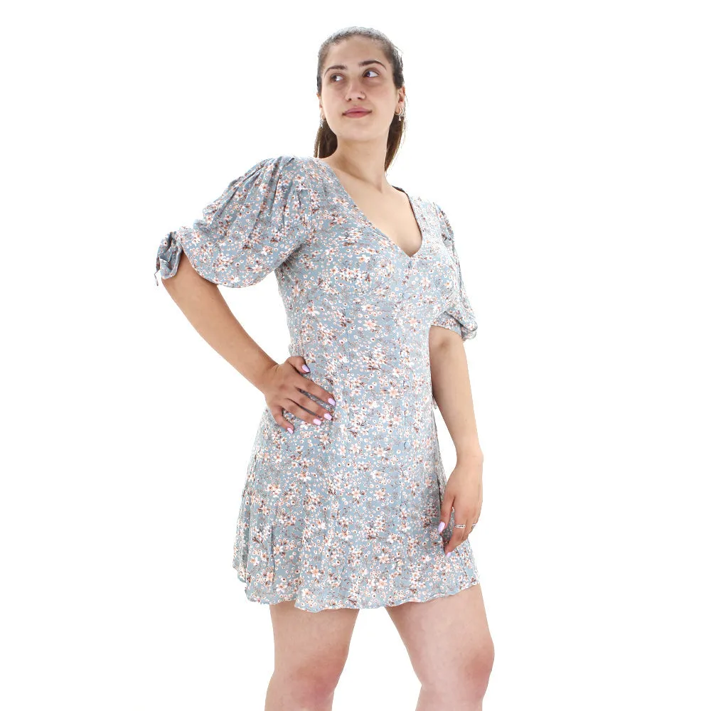 Women's  Open Back Floral Dress,Blue Minimalist-Trend Fresh Flow