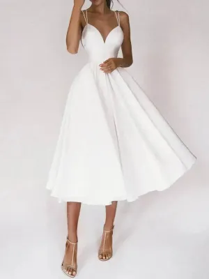 Charming V-neck Suspender Dress Summer Fashion A-Line Long Dresses For Women Sleeveless Skater Dress for Wedding cocktail evening  dinner party events Classic-style Clean Tone