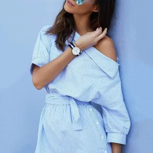 Summer Dress chic slant Shoulder stripe tie belt mini Dress Crisp Look Trendy midi dress