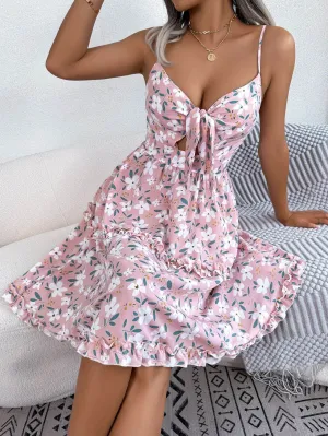 Flow Sleeve Light Coral Spring And Summer Leisure Floral Spaghetti floral Midi Dress
