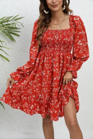 Lightweight and Breezy Casual Spring And Summer lantern Sleeve floral Mini Dress