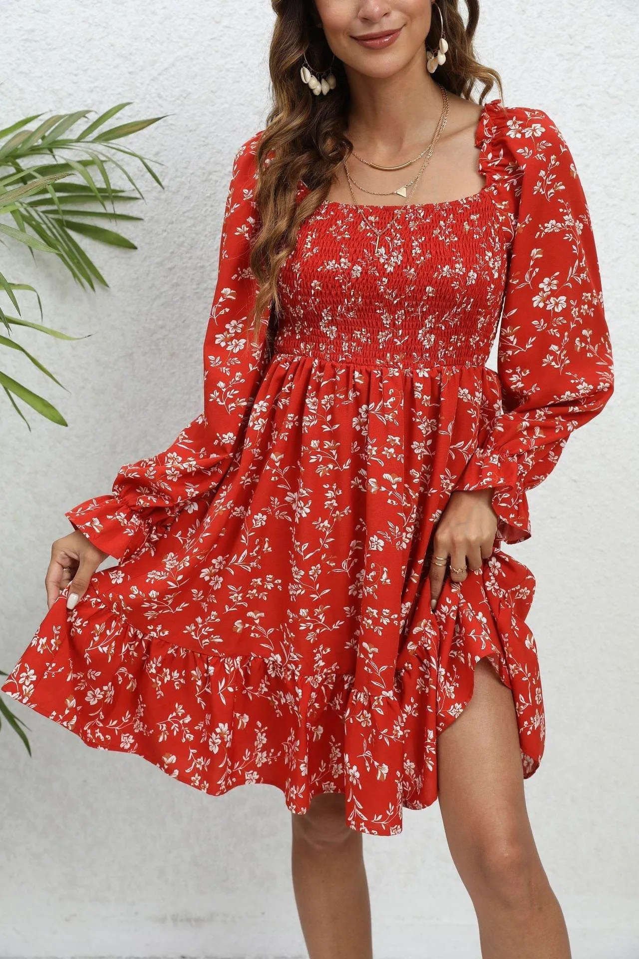 Casual Spring And Summer lantern Sleeve floral Mini Dress Fresh Flow