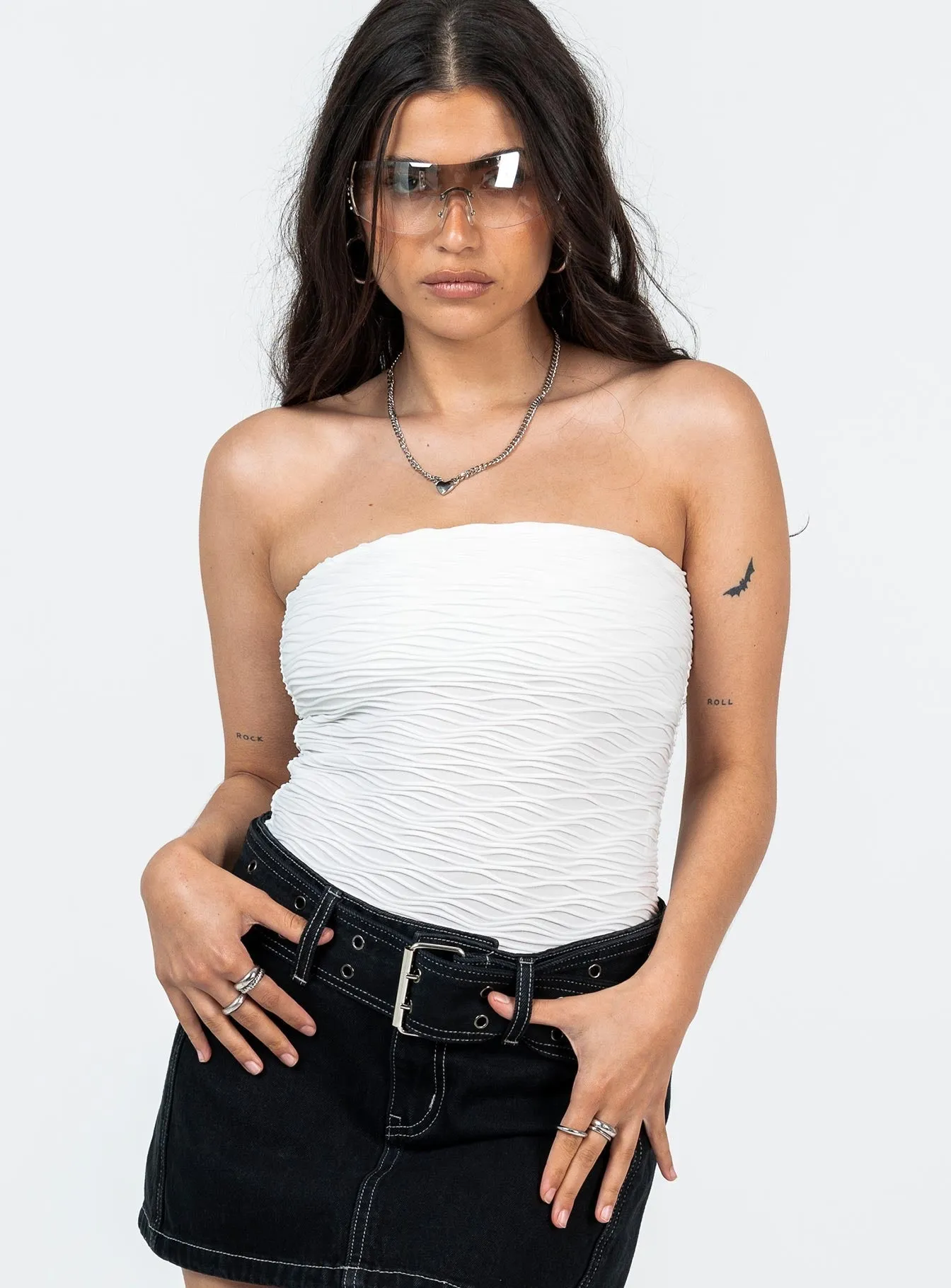 edgy bodysuit Makena Strapless Bodysuit White Petite