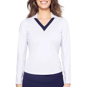 Cultural Fit GentleWaistband Golftini Women's Say Yes Long Sleeve Golf Polo Shirt - White/Navy