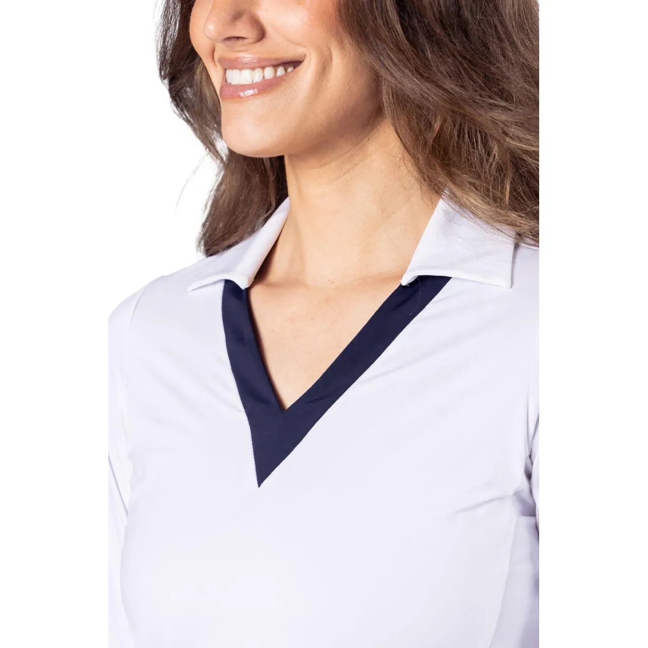Golftini Women's Say Yes Long Sleeve Golf Polo Shirt - White/Navy Ergonomic Cut