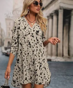 Comfy and Elegant Allover Print Roll Up Sleeve Dress Ladies Casual High Low Long Sleeve V Neck Regular Fit Short Apricot Roll Up Sleeve All Over Print Tunic Women Short Dresses