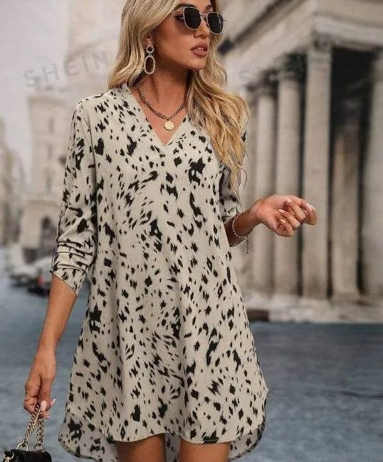 Crisp Silhouette Polished Appearance Allover Print Roll Up Sleeve Dress Ladies Casual High Low Long Sleeve V Neck Regular Fit Short Apricot Roll Up Sleeve All Over Print Tunic Women Short Dresses