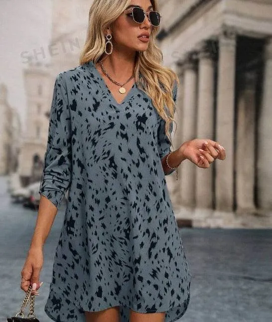 Allover Print Roll Up Sleeve Dress Ladies Casual High Low Long Sleeve V Neck Regular Fit Short Apricot Roll Up Sleeve All Over Print Tunic Women Short Dresses Sleek Feel Sophisticated Layers