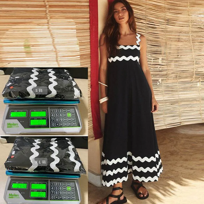 Flowers Print Wavy Pattern Suspender Long Dress For Women Fashion A-Line Beach Dresses Womens Clothing Flattering Shape Design