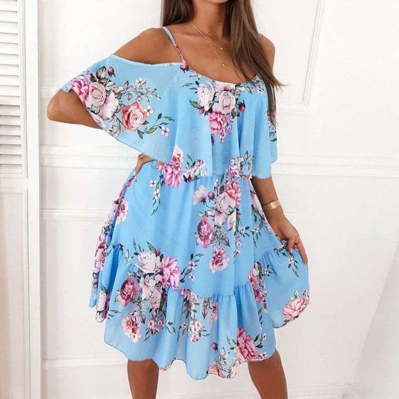 Relaxed Waist Fit Fluid Shape Flower Printed Ruffled Suspender Dress Summer Off-the-shoulder Strap Dresses Women