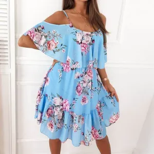 Relaxed Waist Fit Fluid Shape Flower Printed Ruffled Suspender Dress Summer Off-the-shoulder Strap Dresses Women