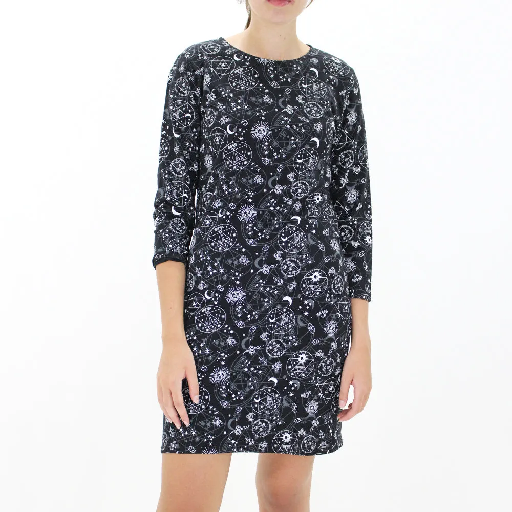 Women's Printed A-Line Dress,Black Soft Colorway