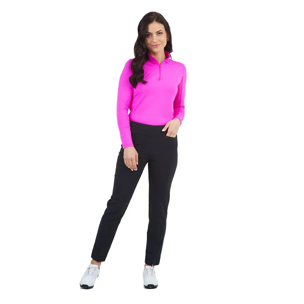 IBKUL Women's Solid Long Sleeve Zip Mock Neck - Hot Pink Swim Easy Relaxed Look