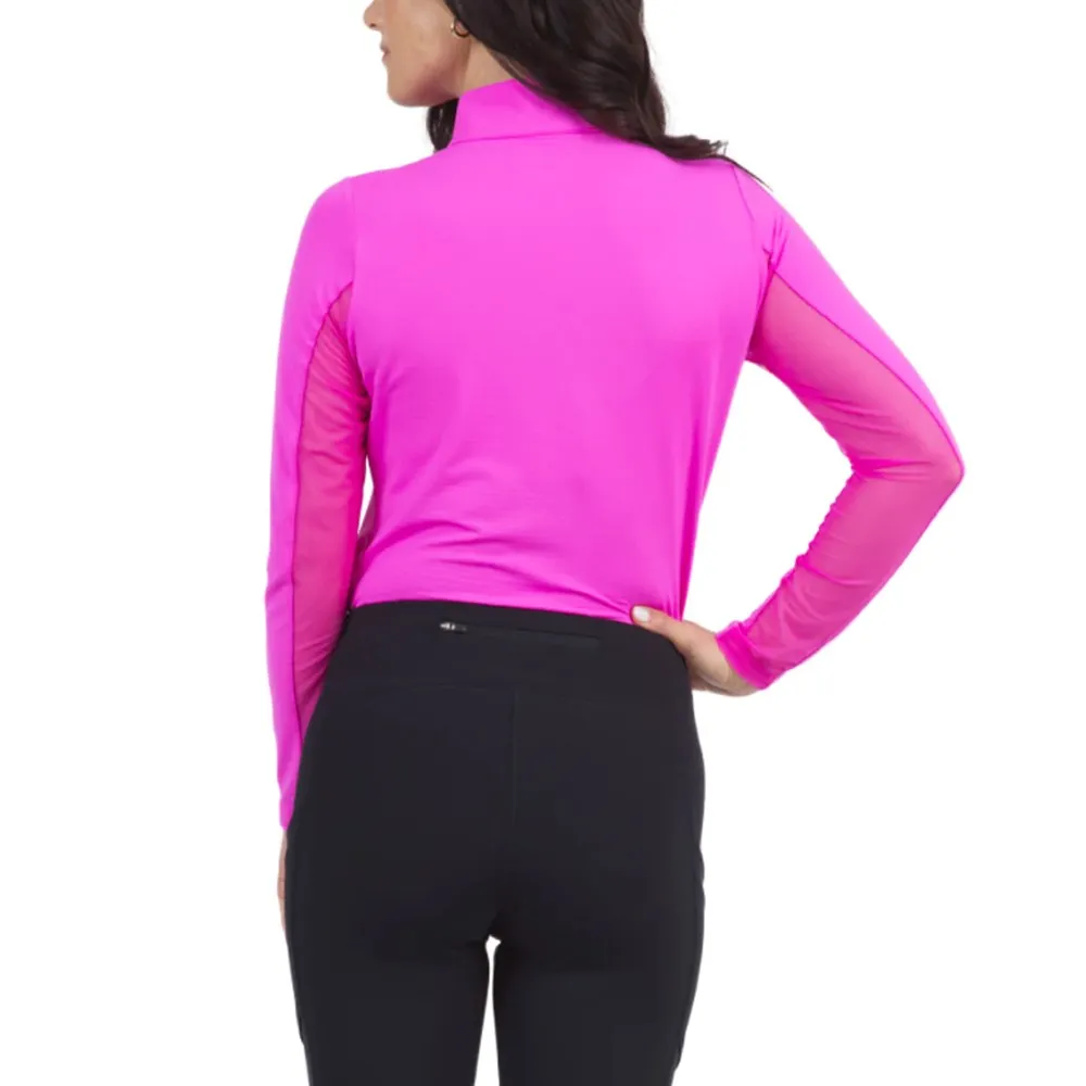 IBKUL Women's Solid Long Sleeve Zip Mock Neck - Hot Pink Basic Wardrobe
