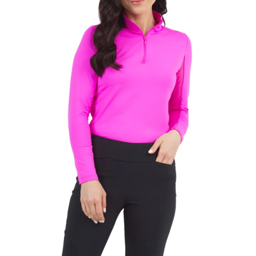 IBKUL Women's Solid Long Sleeve Zip Mock Neck - Hot Pink retro look Sea Fit