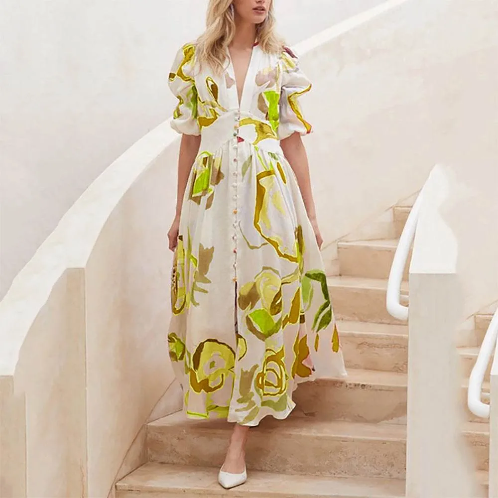 Summer Print Dresses V-neck Button Short Sleeve Midi Dress MoldResistantTexture AntiFrayEdging
