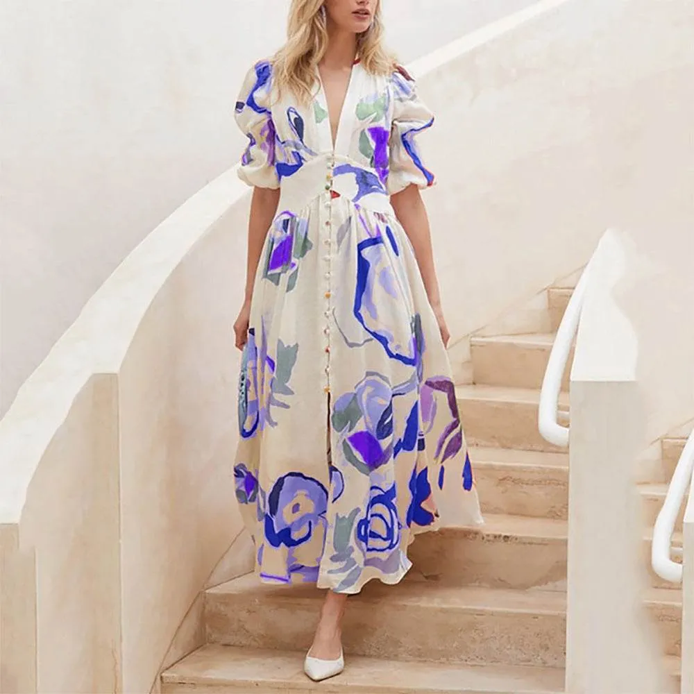 Smart Fashion Summer Print Dresses V-neck Button Short Sleeve Midi Dress