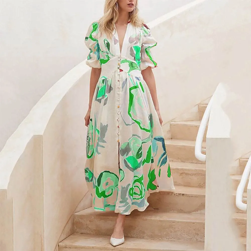 Summer Print Dresses V-neck Button Short Sleeve Midi Dress Polished Cut