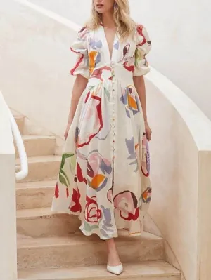 Summer Print Dresses V-neck Button Short Sleeve Midi Dress Flow Friendly
