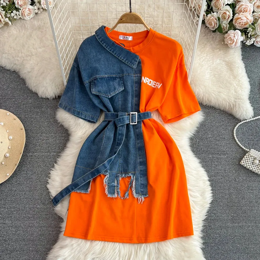 Casual Feel New Fashion Round Neck Color Blocking Denim Shirt Women Casual Long Tops T-Shirt Dresses