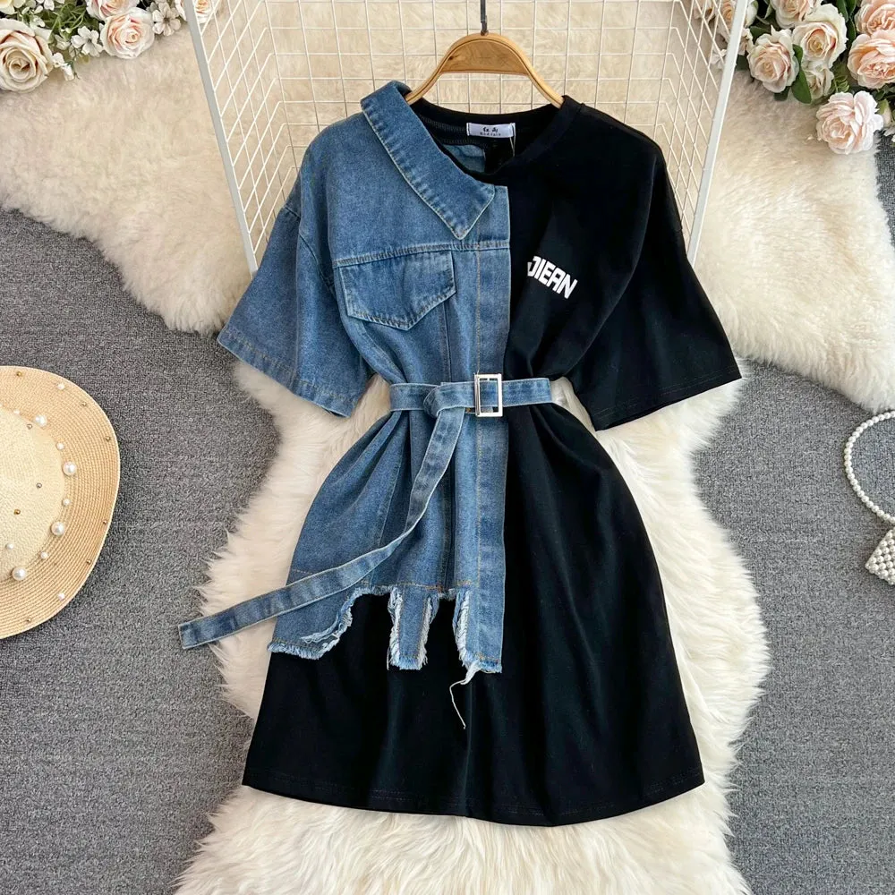 New Fashion Round Neck Color Blocking Denim Shirt Women Casual Long Tops T-Shirt Dresses Chilly Wear BreathableLining
