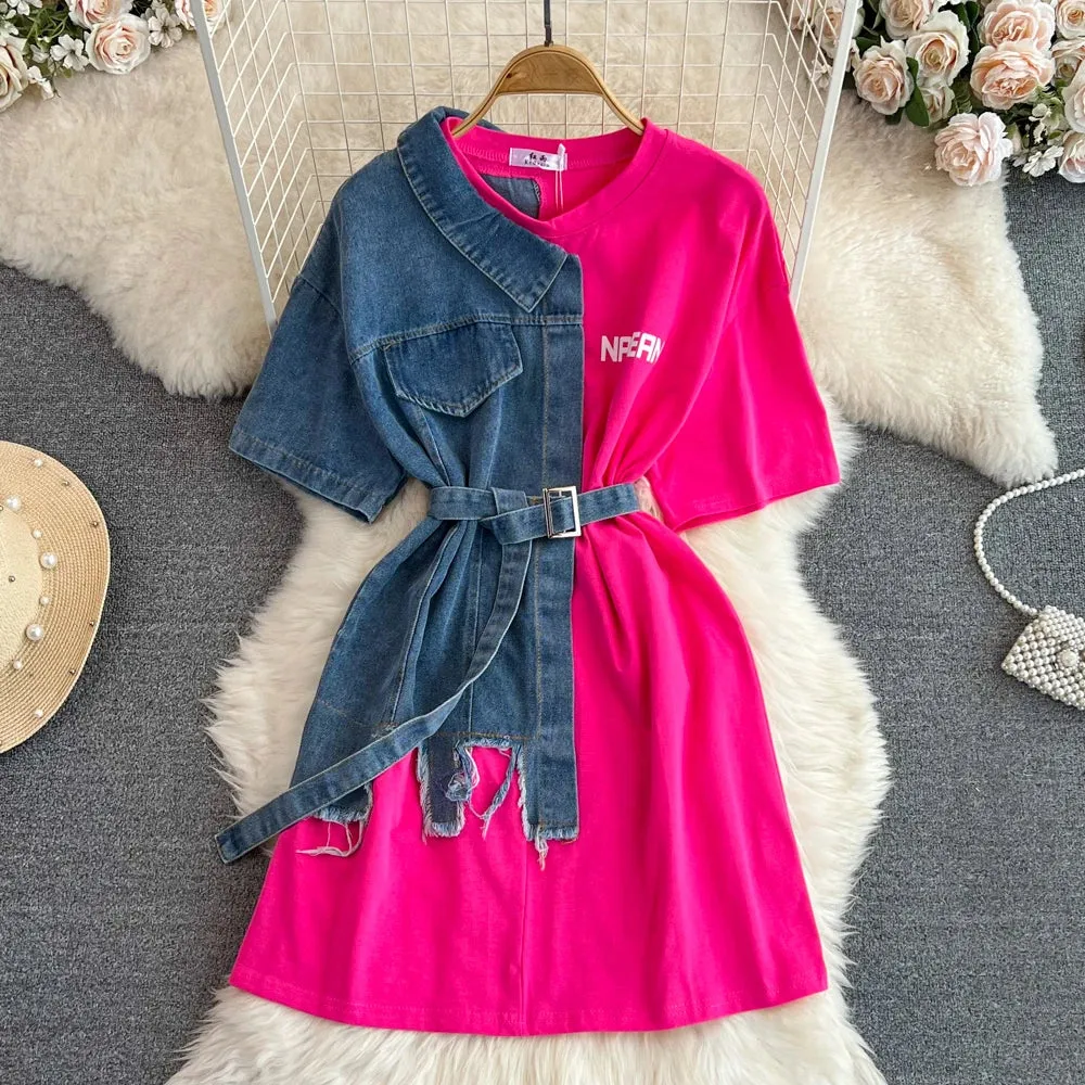 Euro Ease New Fashion Round Neck Color Blocking Denim Shirt Women Casual Long Tops T-Shirt Dresses
