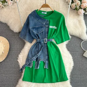 New Fashion Round Neck Color Blocking Denim Shirt Women Casual Long Tops T-Shirt Dresses Soft Stretch