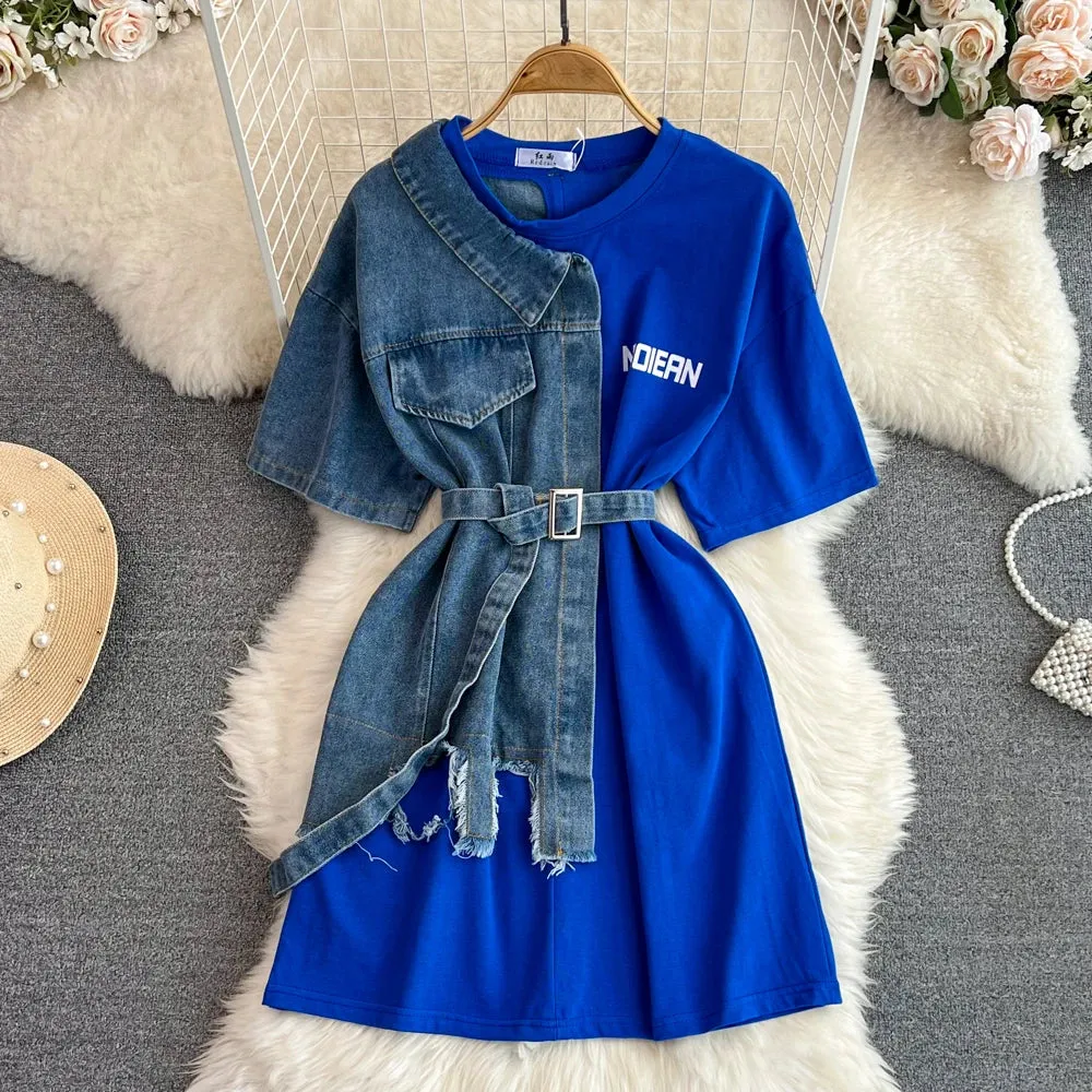 Night Vibes New Fashion Round Neck Color Blocking Denim Shirt Women Casual Long Tops T-Shirt Dresses