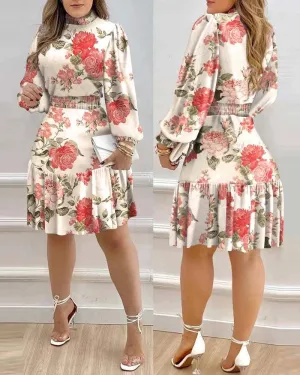 Autumn Women Floral Print Shirred Ruffle Dress Stretch-Recovery